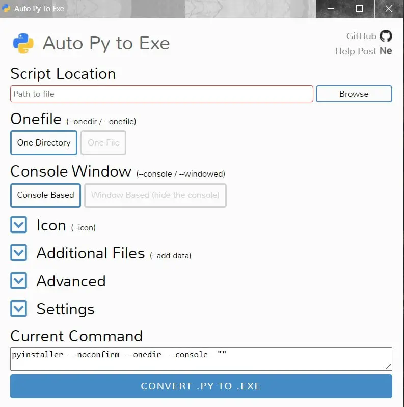 AutoPyToExe Window (Python tutorial)