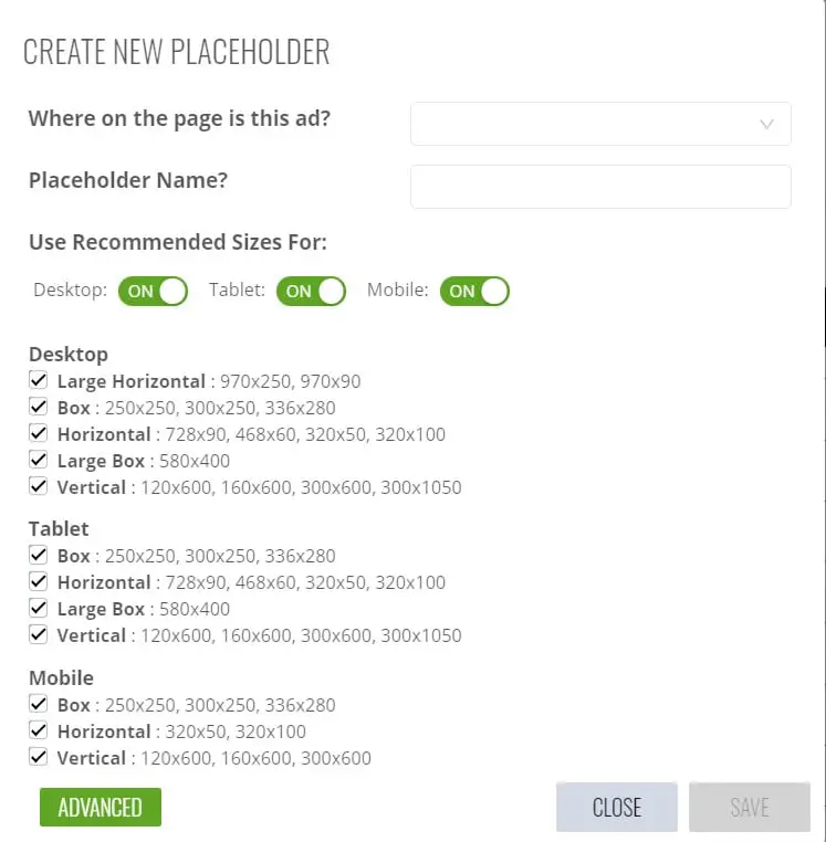 Setting up Placeholders for Ezoic